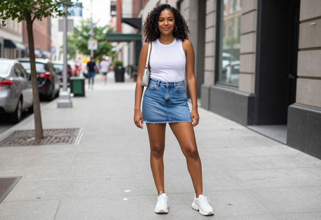 Woman wearing a vintage Y2K outfit with a low-rise denim skirt, white baby tee, and chunky sneakers.