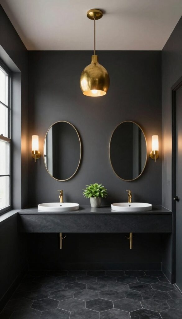 Small dark bathroom with charcoal walls, a statement brass pendant light, and warm wall sconces flanking a round mirror above a compact vanity