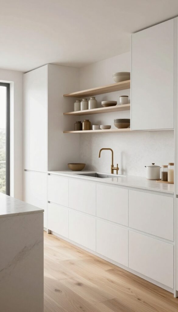 Modern kitchen with a floor-to-ceiling built-in pantry wall of sleek white cabinets and integrated pulls, bright natural light, clear countertops, and minimalist styling.