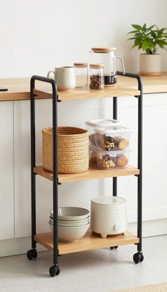 Three-tier rolling kitchen shelf cart with locking wheels, neatly organized with a coffee station, baskets, and baking supplies in a bright modern kitchen corner.