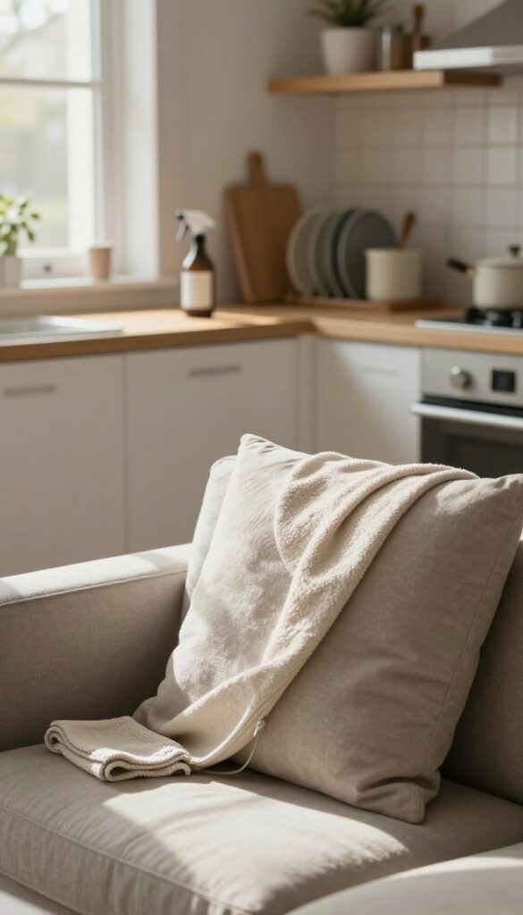 Bright, realistic home interior with a spray bottle and cloth on a kitchen counter, tidy living room sofa, and soft natural light showing simple everyday cleaning wins