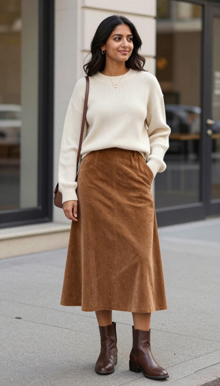 6. Corduroy A-Line Skirt with a Tucked Sweater