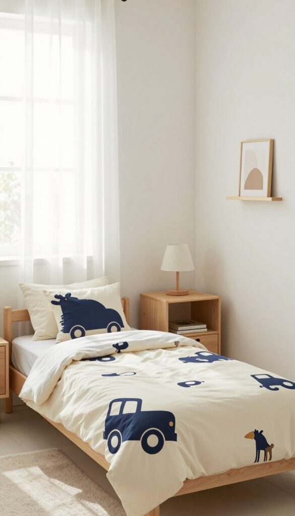 Bright toddler boy bedroom with a bold truck-themed comforter, neutral sheets, and one accent pillow in a clean, modern room.