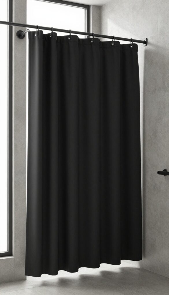 Industrial bathroom with a thick black shower curtain, black metal fixtures, and concrete textured walls in bright natural light