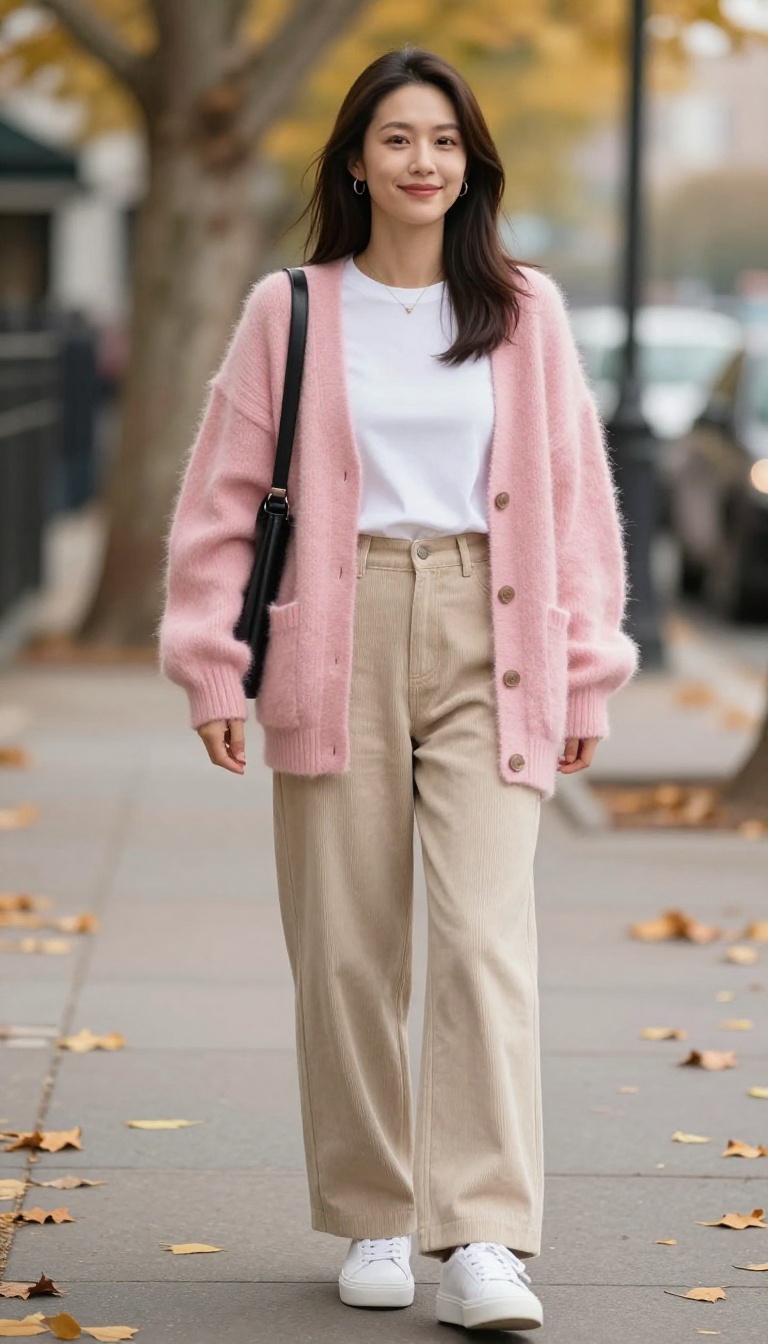 7. Fuzzy Cardigan and Wide-Leg Trousers