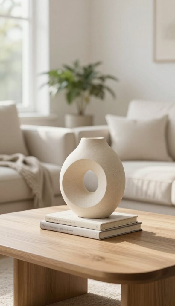 Bright living room coffee table with a single abstract stone sculpture placed off-center on stacked books, styled with minimal decor in natural light.