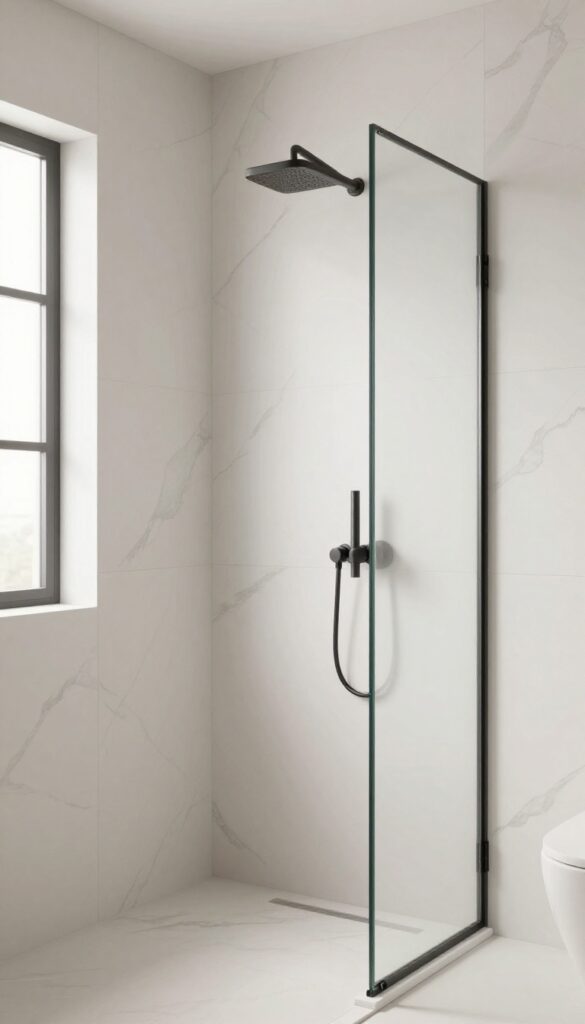 Bright modern bathroom shower with continuous white marble-look wall panels and soft gray veining, matte black fixtures, and a clear glass door.