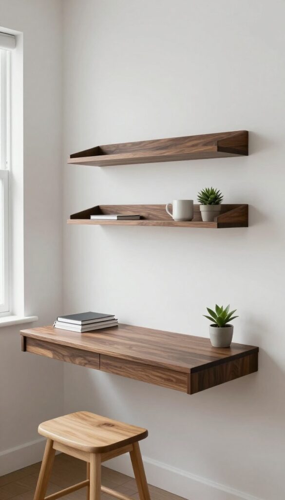 A bright bedroom with a deep floating wood shelf acting as a compact desk, with two smaller shelves above holding notebooks, a mug, and a small plant, styled minimally in natural light.