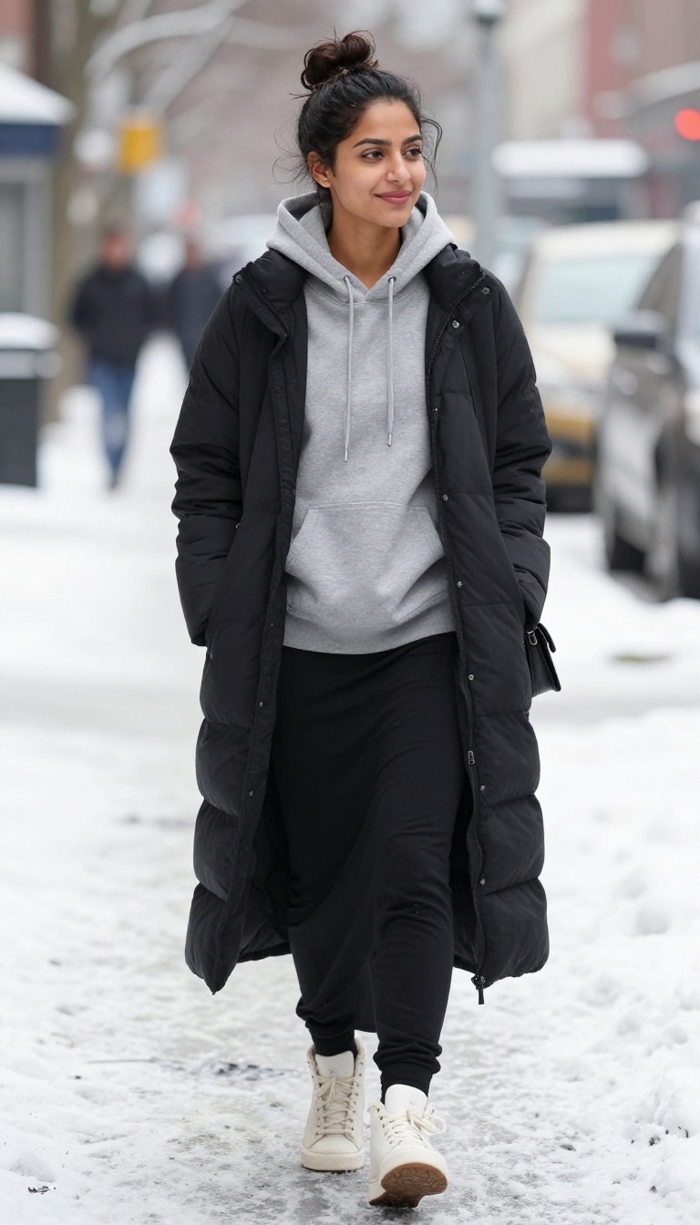 11. Jersey Maxi Skirt with a Hoodie and Long Puffer Coat