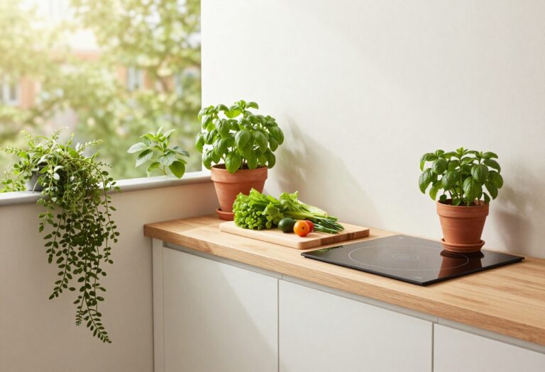 Small urban balcony kitchen with a fold-down wall counter, portable cooktop, and potted herbs in bright natural light