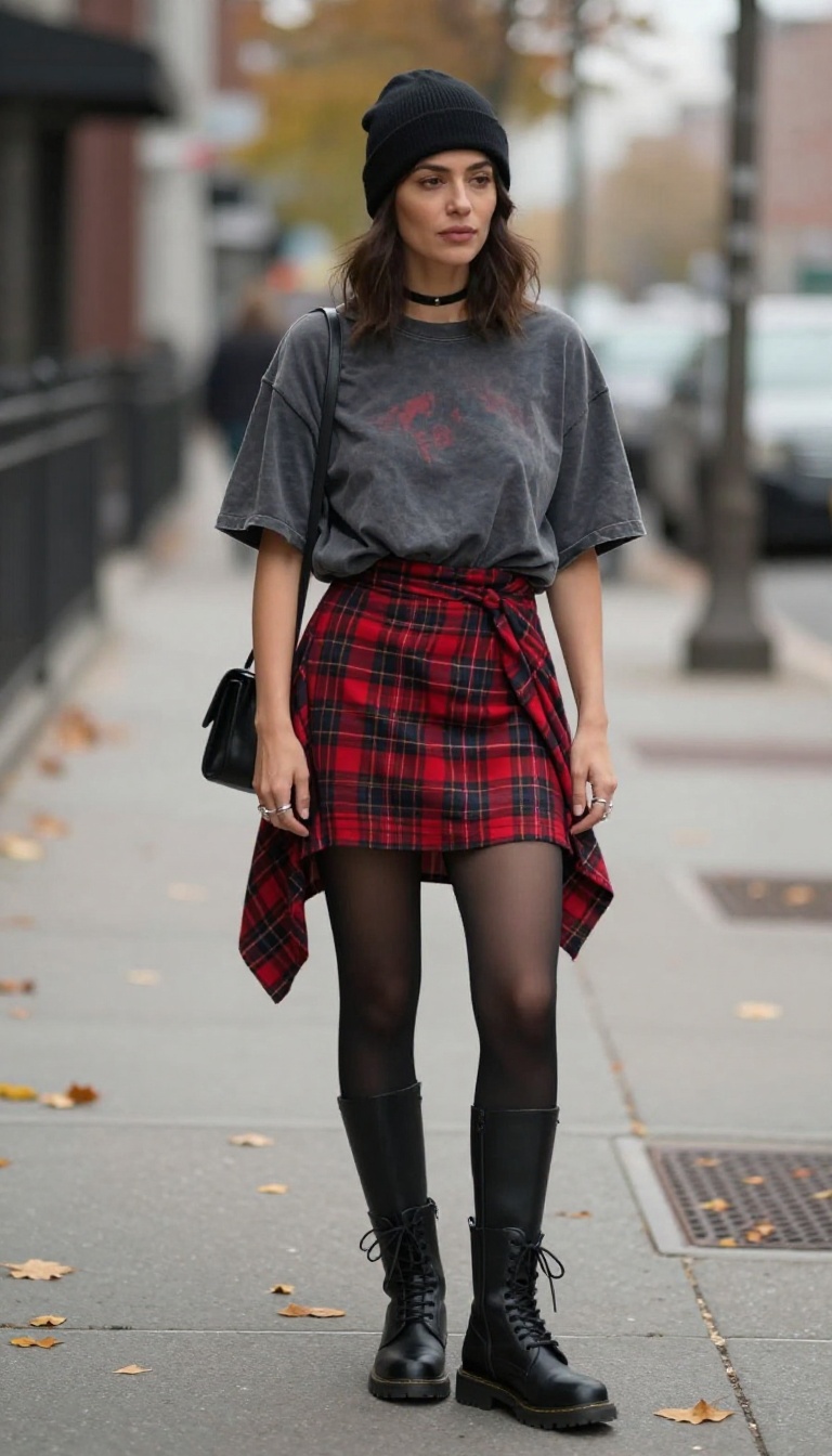 1. Plaid Mini Skirt + Oversized Band Tee + Combat Boots