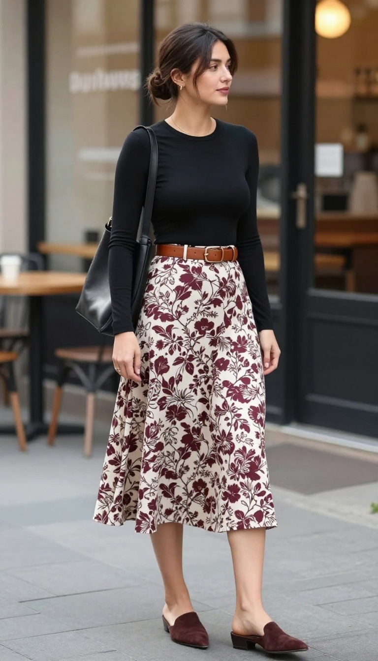 9. Floral Skirt with a Bodysuit and Mules
