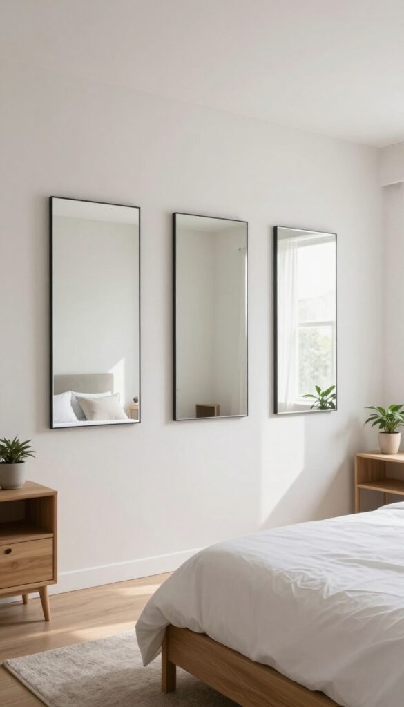 Bright modern bedroom with three long rectangular frameless mirrors mounted horizontally at eye level across a light wall, reflecting natural light above a neatly made bed.