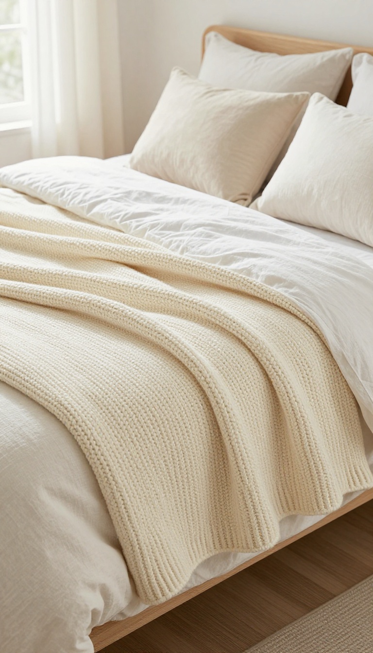 Chunky cream knit throw blanket draped across the foot of a bed with neutral layered bedding in bright natural light