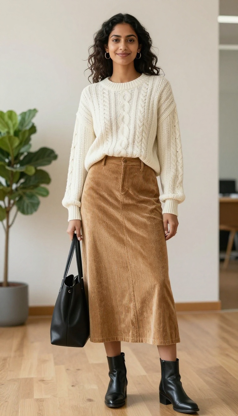14. Corduroy Skirt with a Chunky Sweater