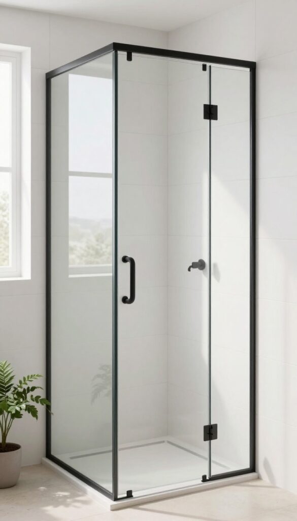 Bright bathroom with a walk-in shower enclosed by clear glass panels in slim matte black frames, set against white tiled walls with natural light and a small potted plant.