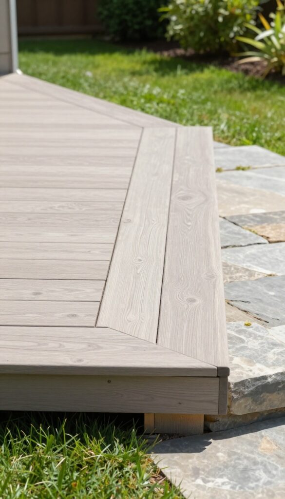 Raised backyard deck finished with neutral faux stone skirting panels, surrounded by landscaping and bright natural light