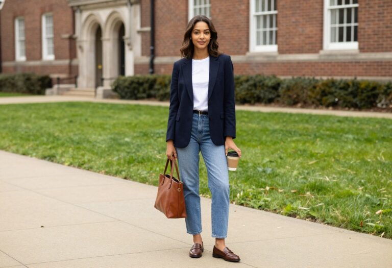 Young woman in old money college outfit with blazer and jeans on campus