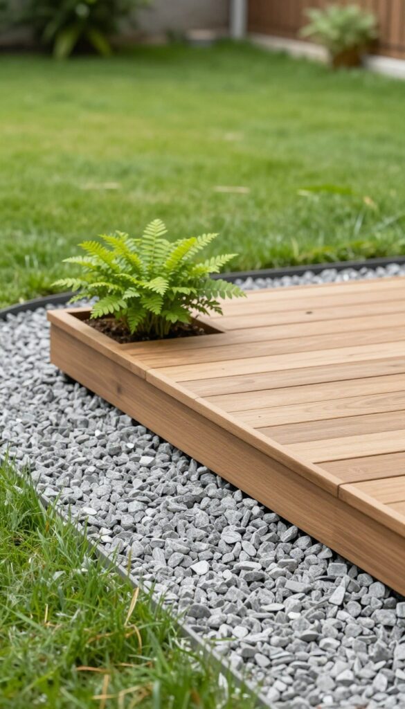 A small floating wooden deck bordered by light gray gravel in a bright backyard, with simple planters and clean modern landscaping.