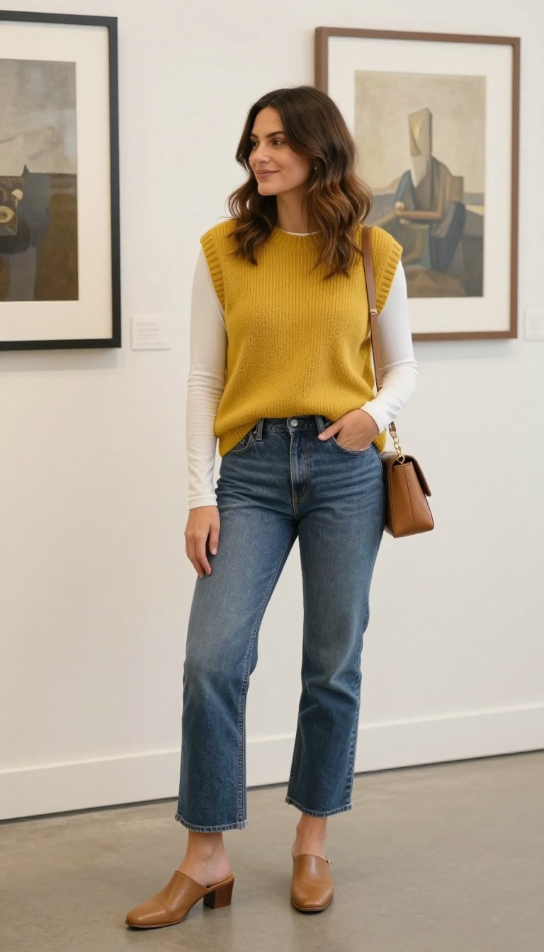 14. Cropped Flare Jeans with a Sweater Vest and Mules