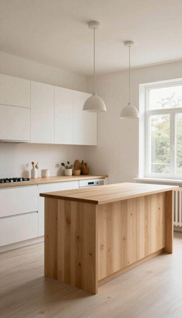 Bright open-concept kitchen with a wooden peninsula dividing the cooking area from the living room, featuring pendant lights and matching base cabinets.