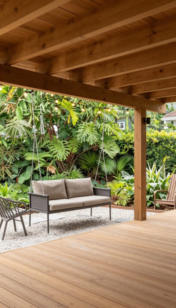 Elevated wooden deck with a shaded under-deck lounge area featuring light ceiling panels, weather-resistant seating, a swing, and string lights over a gravel patio