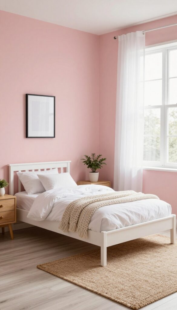Bright kids' bedroom with soft blush pink walls, white bed, and light wood furniture in natural daylight