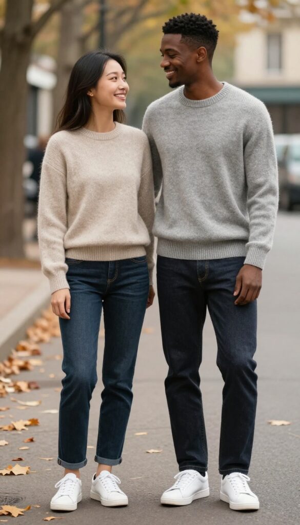A couple in matching cashmere crewnecks in oatmeal and heather grey, with dark denim and white sneakers, sharing a moment outdoors.