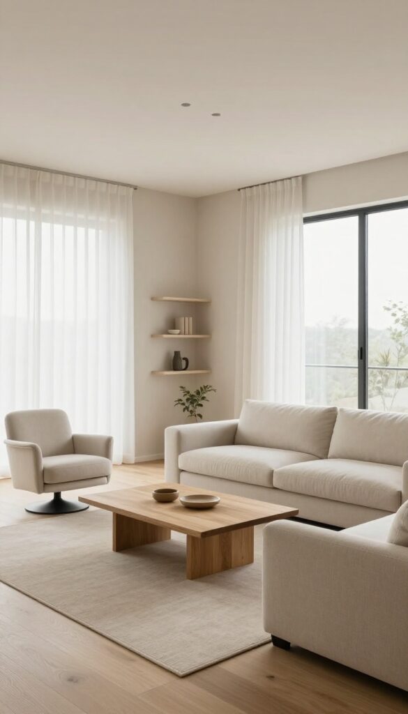 Bright open living room with a neutral sectional sofa angled between a fireplace and a large window, completed by two swivel chairs.