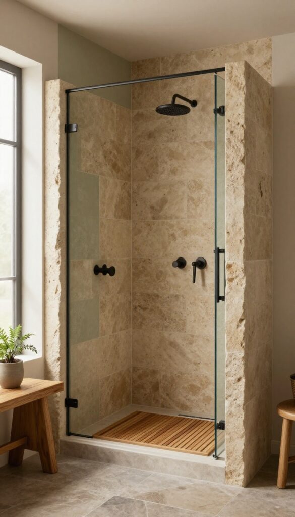 Rustic walk-in shower with earth-toned beige stone tiles, muted green accent wall, wood bench, and natural light creating a calm cozy atmosphere