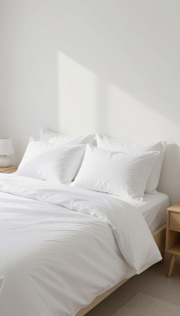 Bright minimal bedroom with hotel-style all-white bedding, including crisp sheets, a folded white duvet, two sleeping pillows, and two decorative shams, styled with soft natural light and simple decor.
