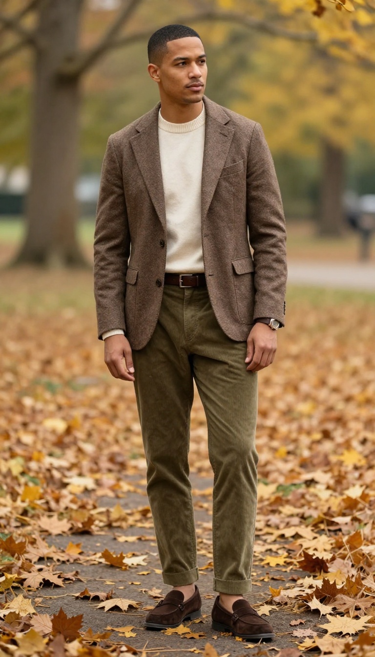 1. The Timeless Tweed: Blazer, Roll Neck, and Corduroy Trousers