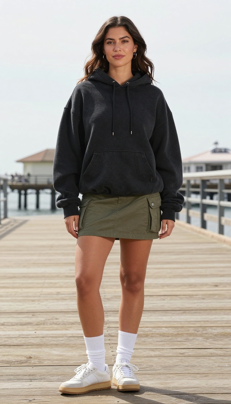 2. Cargo Mini Skirt + Oversized Graphic Hoodie + Knee-High Socks