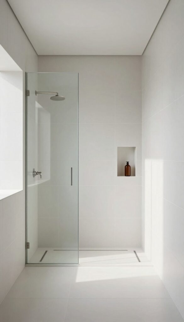 Modern walk-in shower with white and gray tile extending from floor to ceiling, frameless glass panel, and bright natural light.