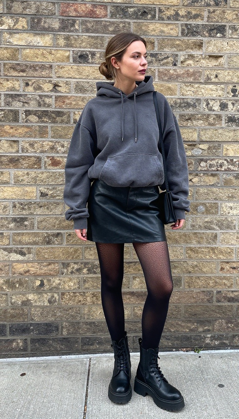 4. Faded Black Leather Skirt with a Graphic Hoodie and Fishnets