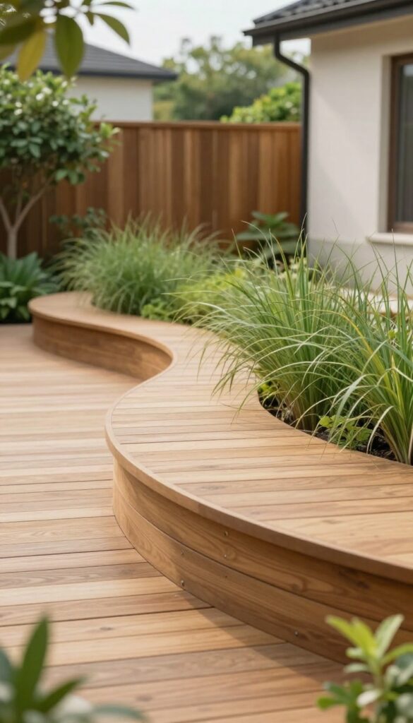 Low ground-level wooden deck with a curved edge and soft ornamental grasses in a small bright backyard