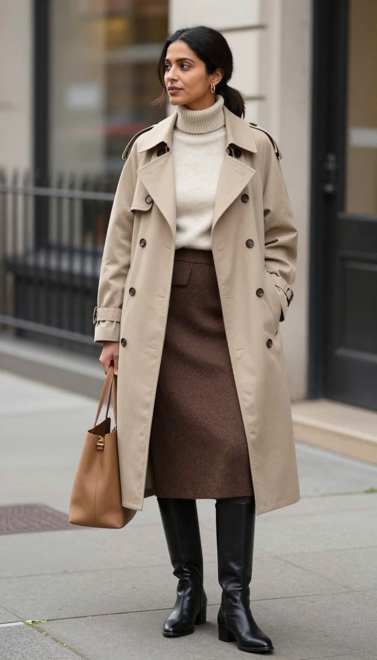 6. Wool-Blend Midi Skirt with a Trench Coat and Knee-High Boots