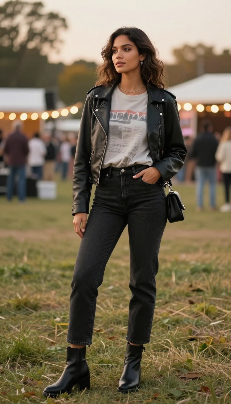 4. Leather Jacket and Black Jean Skirt with Heeled Boots