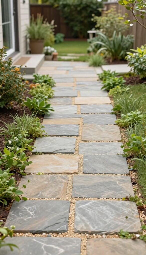 Irregular flagstone front yard walkway with gravel joints and low plants spilling over the edges near a traditional home garden