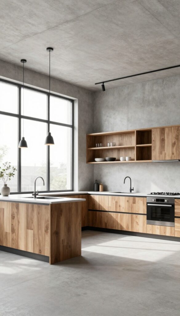 Modern industrial kitchen with a textured light gray concrete-style ceiling, black fixtures, open wood shelving, and stainless steel appliances in bright natural light