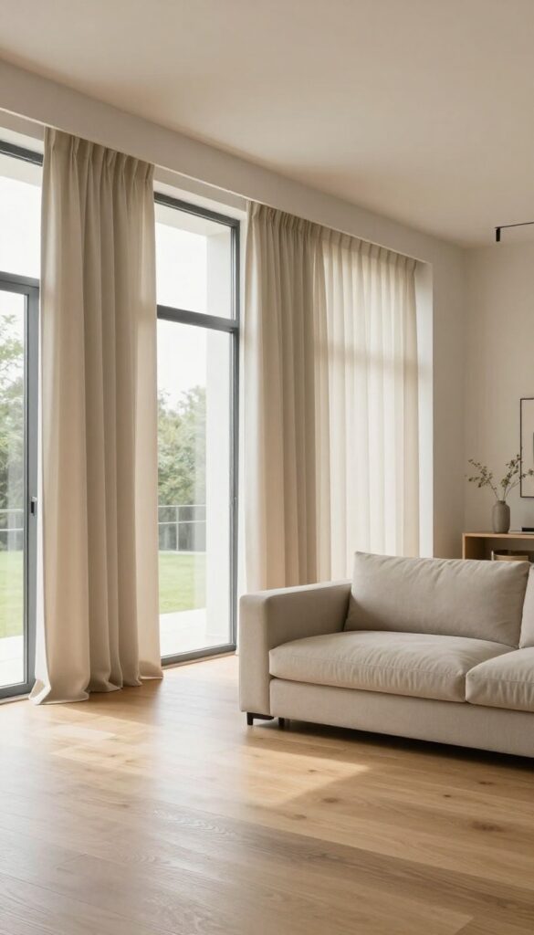 Modern living room with wide beige fabric vertical blinds on a large sliding glass door, letting in bright natural light beside a clean-lined neutral sofa