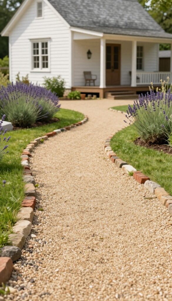 Curved warm-toned gravel pathway with natural stone edging leading to a white farmhouse front porch, bordered by green lawn and soft garden beds in bright morning light