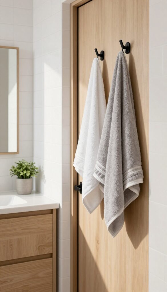 Modern bathroom pocket door with built-in matte black towel hooks holding folded hand towels and a robe, bright natural light, clean uncluttered space-saving design.