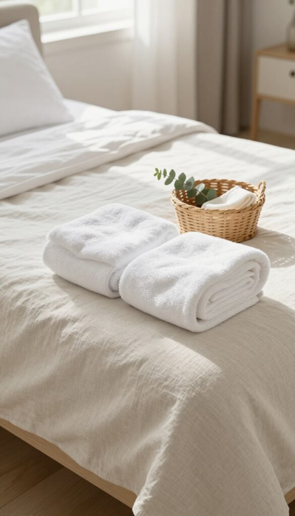 Rolled white towels and a small toiletry basket displayed at the foot of a neatly made guest bed in a bright neutral bedroom