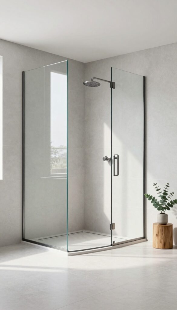 Bright modern open walk-in shower with a partial glass panel, large seamless gray tiles, and a linear drain in a spacious minimal bathroom