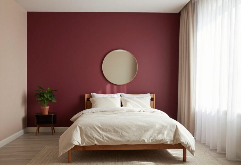 Warm maroon accent wall behind a bed with light cream bedding in a bright stylish bedroom