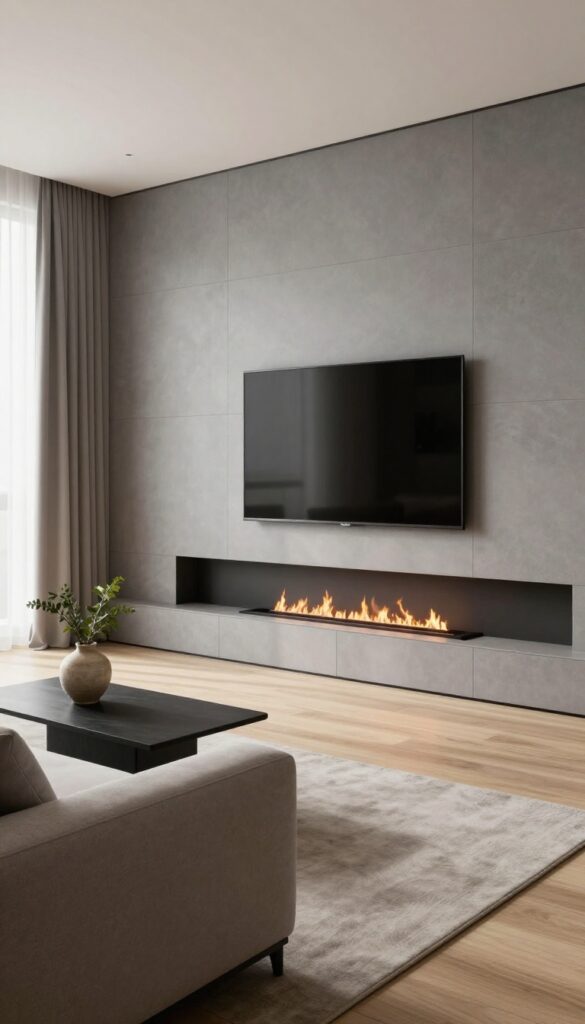 Modern living room with a slim linear electric fireplace built into a smooth dark feature wall beneath a mounted flat-screen TV, styled with a neutral sofa and bright natural light.