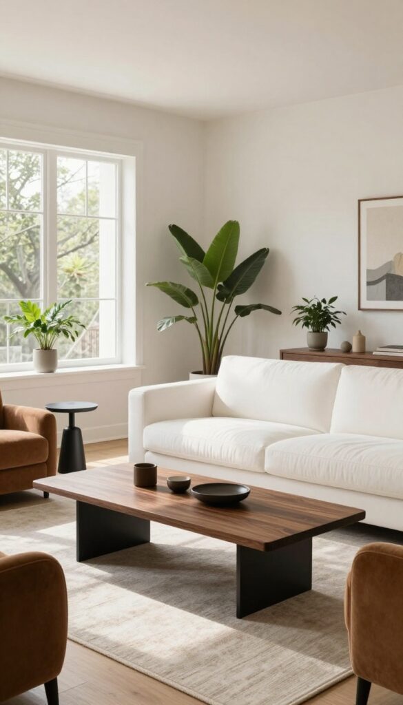 Bright living room with a white sofa framed by a dark walnut coffee table and two deep brown accent chairs, showing how dark furniture grounds a light seating area.