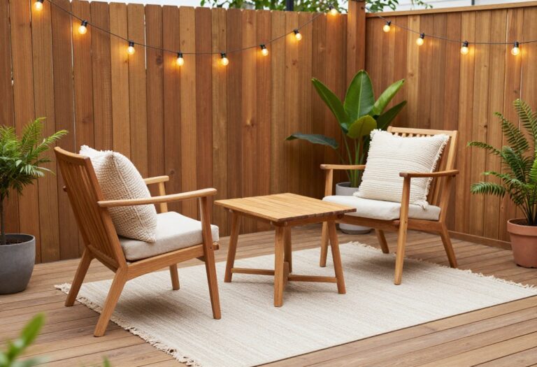 Cozy budget-friendly deck decorated with an outdoor rug, simple seating, layered pillows, potted plants, and warm string lights in bright natural daylight