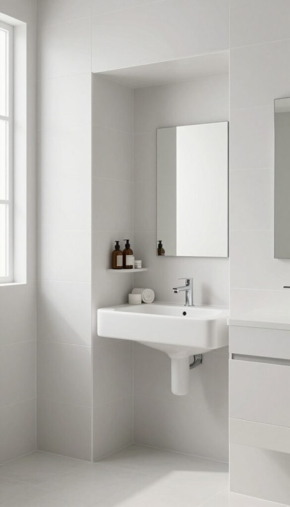 Bright square bathroom with a built-in recessed wall niche storing neatly arranged unmarked toiletries and rolled towels, keeping the counter clear and the room tidy.